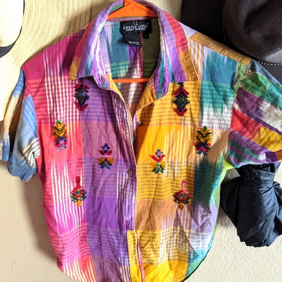 Vintage 80's Rainbow Plaid Embroidered Collared Tie Shirt - Small - Picture 4 of 4
